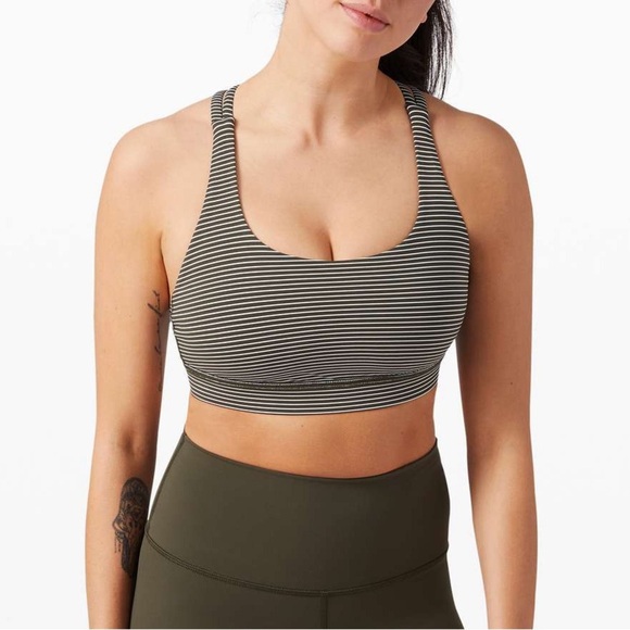 Lululemon Energy Bra Medium Support B-D Cup Sz 6 Hype Stripe Dark Olive … - Picture 1 of 4